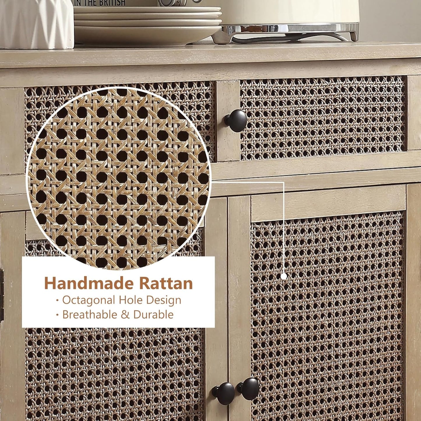 Sideboard Buffet Cabinet, Rattan Storage Cabinet with 2 Doors and Removable Shelf, Farmhouse Decor with Drawers for Living Room, Entryway, Hallway, Kitchen, Dining Room