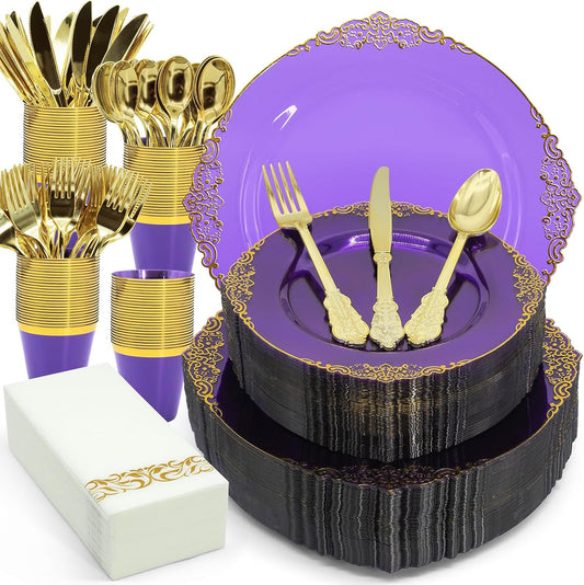 AIRE 350PCS Purple Gold Plastic Plates for Party Dinnerware Sets for 50 Guests, Vintage Disposable Plastic Party Plates Cups Spoons Forks Knives Napkins for Wedding Birthday Christmas BBQ Parties