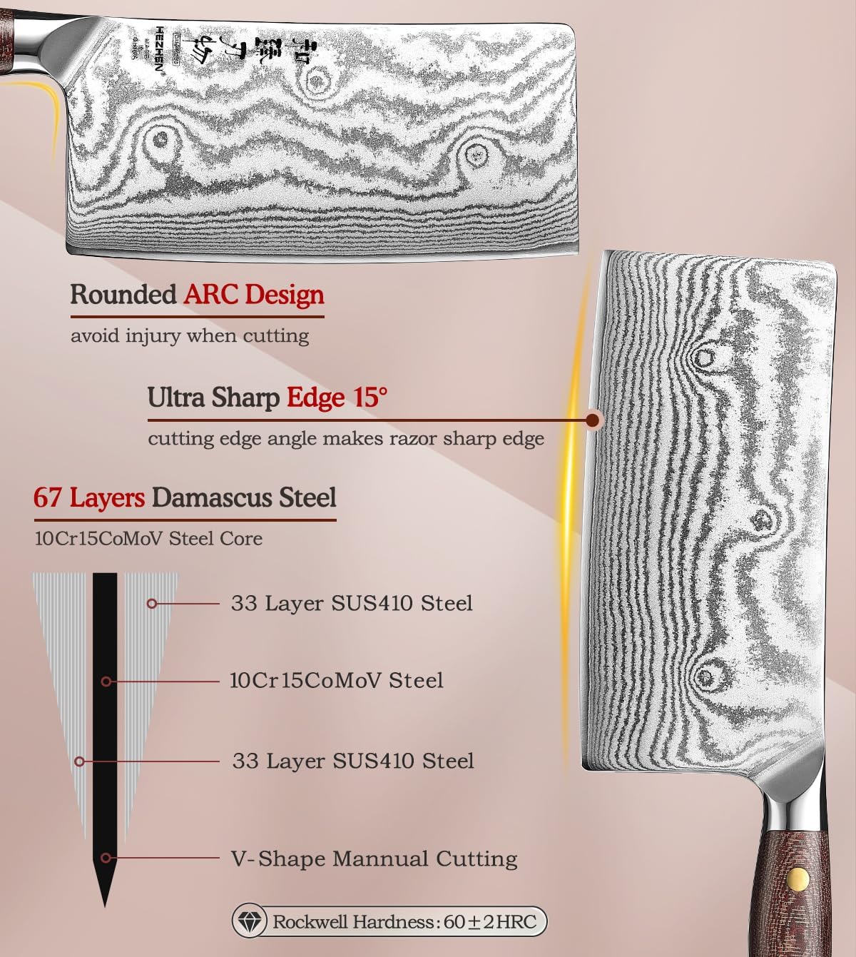 HEZHEN Meat Cleaver Knife,7 Inches, 67 Layers Damascus Steel Kitchen Knife, Professional Cleaver Knife for Meat and Vegetable Cutting, Ultra Sharp, Ergonomic Micarta Handle, Gift Packing