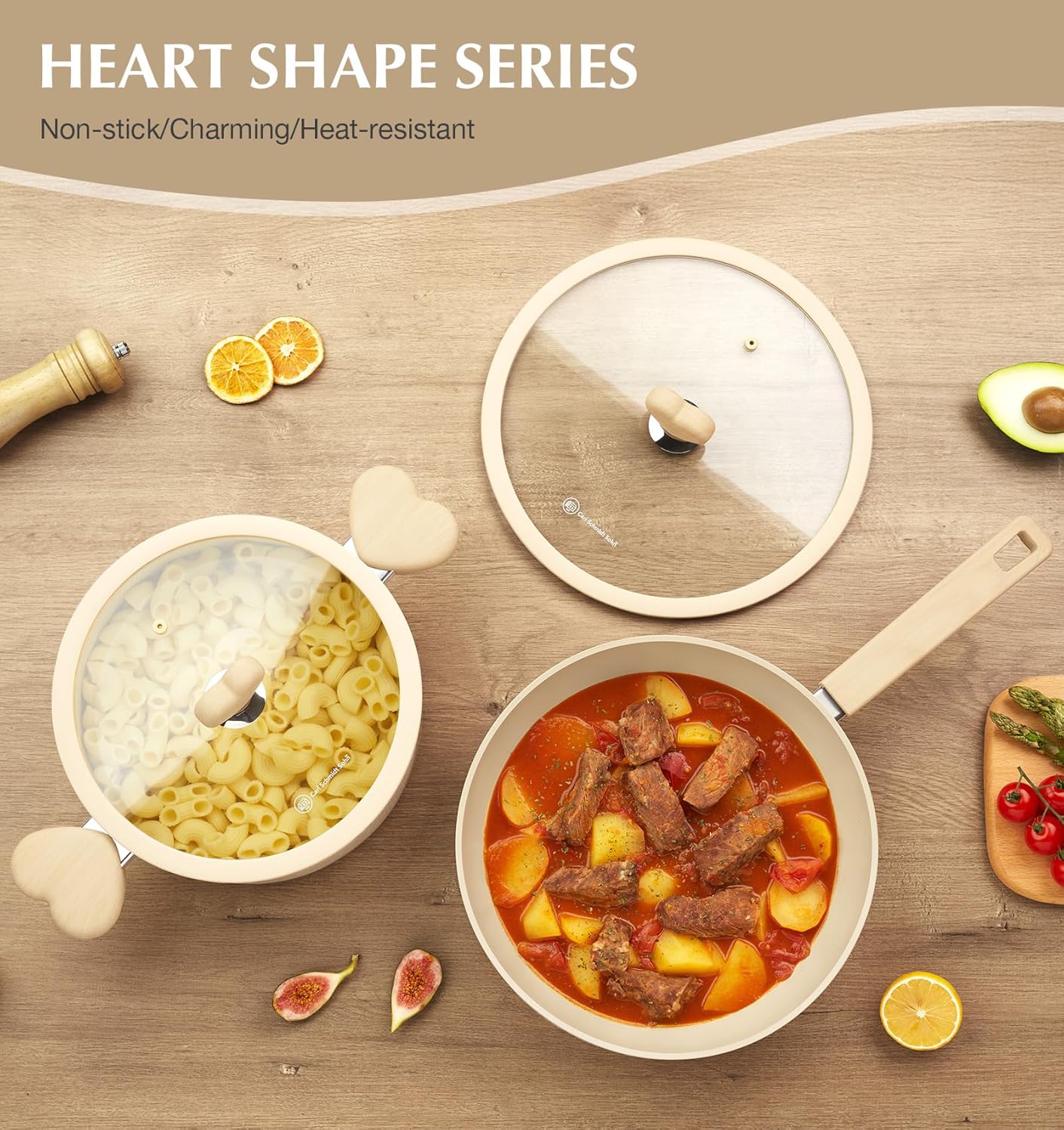 Stock Pot with Lid, 6 Quart Pot with Nonstick Cream Interior, Nonstick Soup Pots with Cool-Touch Heart-Shaped Handles, Stylish Cooking Pots with Lid, Induction Compatible, Cream Color