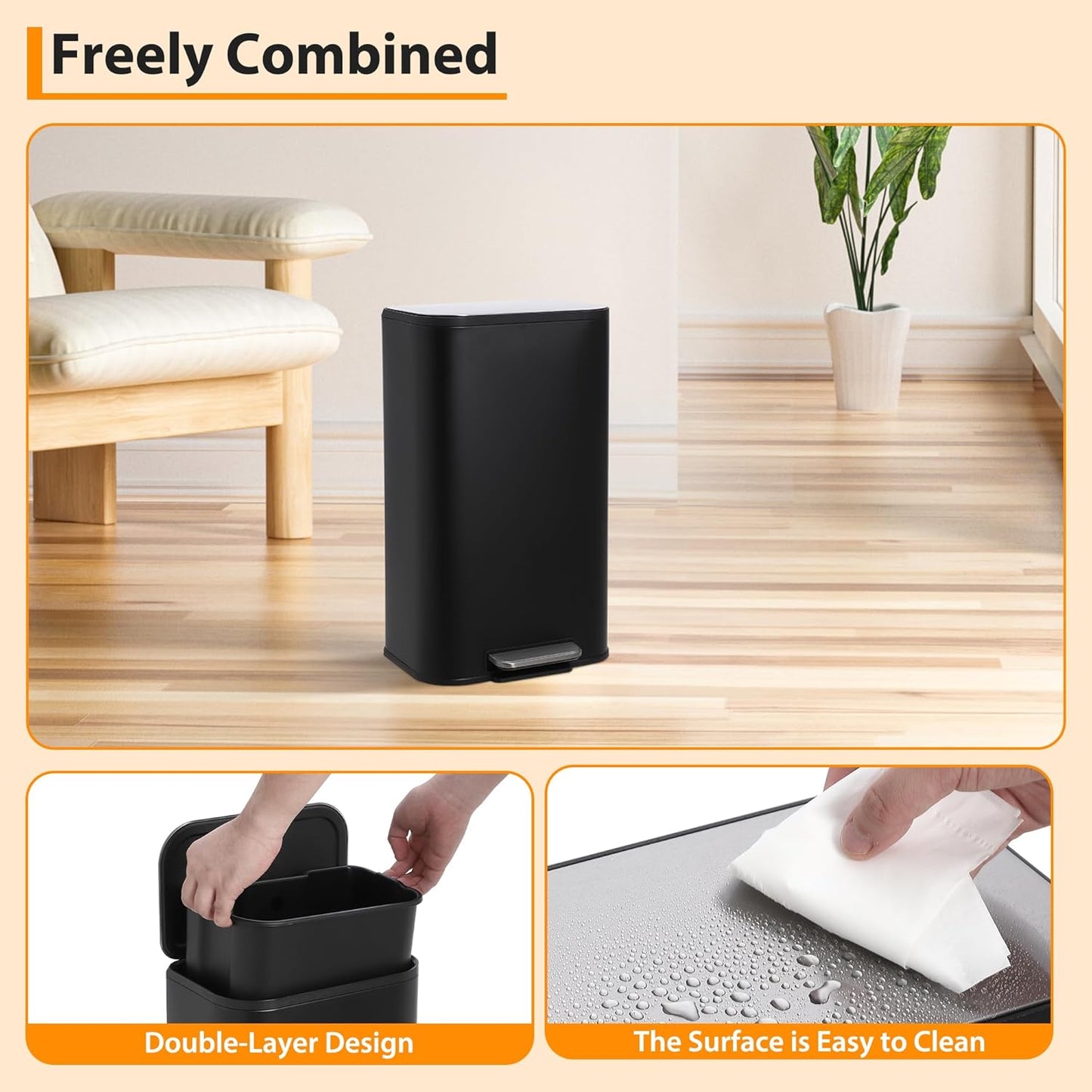 Kitchen Trash Can, 8 Gallon Stainless Steel Garbage Can with Lid, Step-On Pedal and Inner Bucket, Rectangular Trash Can for Home Kitchen Office Living Room (30 L, Black)