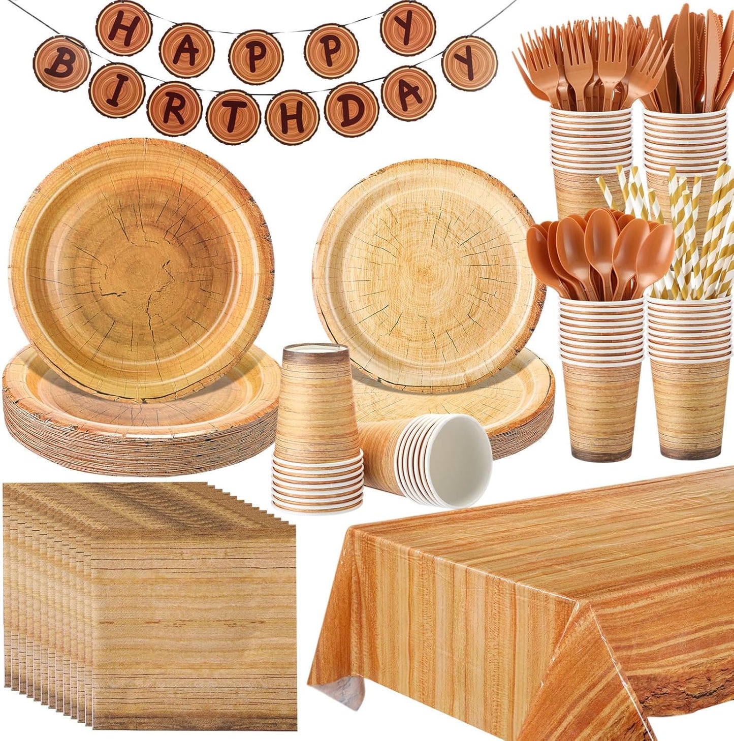 Sawysine 202 Pcs Wood Grain Party Supplies Disposable Dinnerware Set 50 Plates 25 Cups 25 Napkins 25 Plastic Forks 25 Knives 25 Spoons 25 Straw Flag Tablecloth to Serve 25 Guests