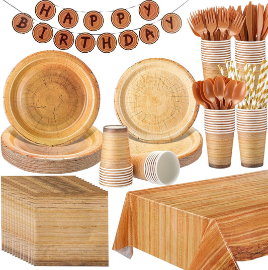 Sawysine 202 Pcs Wood Grain Party Supplies Disposable Dinnerware Set 50 Plates 25 Cups 25 Napkins 25 Plastic Forks 25 Knives 25 Spoons 25 Straw Flag Tablecloth to Serve 25 Guests