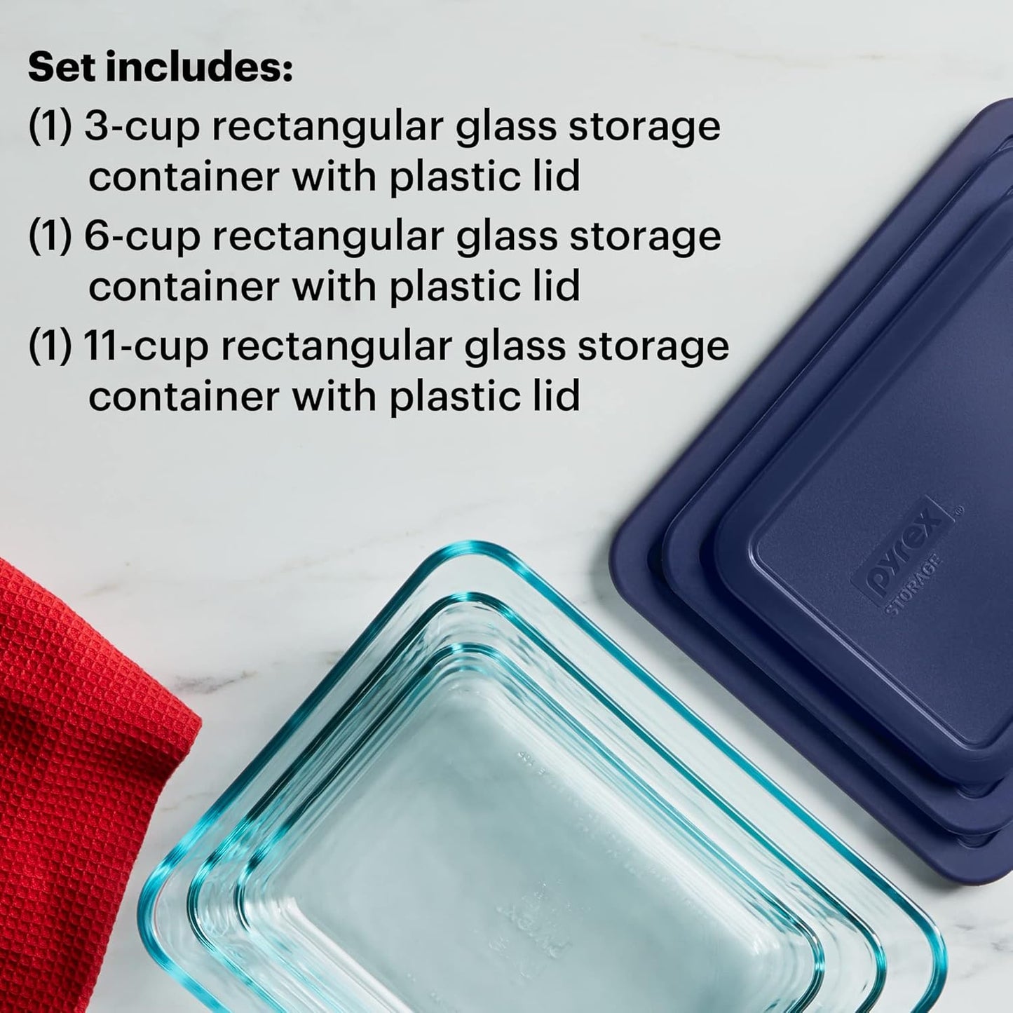 Pyrex Simply Store (3-Pack) Rectangular Glass Food Storage Containers Set, (3, 6 & 11 Cup) Meal Prep Containers With BPA-Free Lids, Dishwasher & Microwave Safe