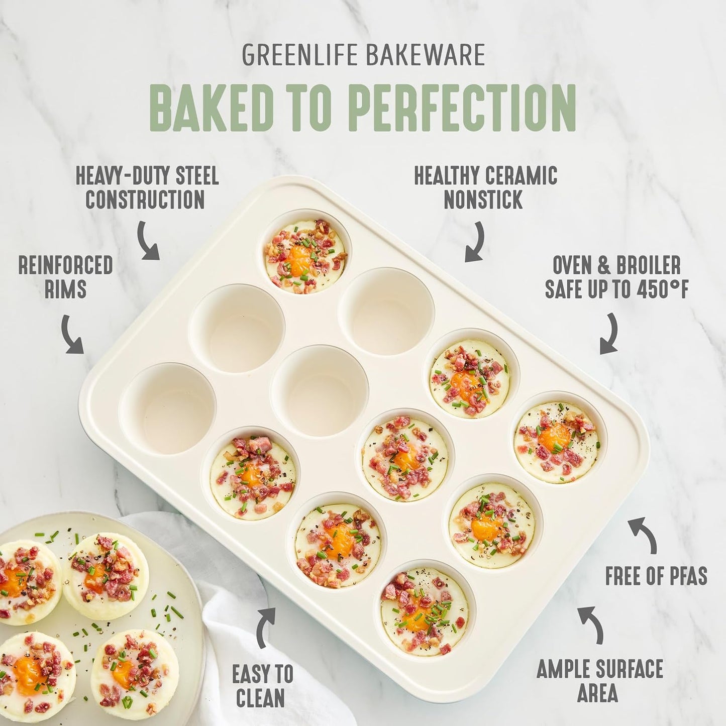 GreenLife 6 Piece Nonstick Bakeware Set, Non-Toxic PFAS-Free Ceramic Oven Pans, Dishwasher & Oven Safe to 450°F, Easy Release Baking Sheet, Loaf Pan, Rectangle & Round Cake, Muffin Pan, Sage