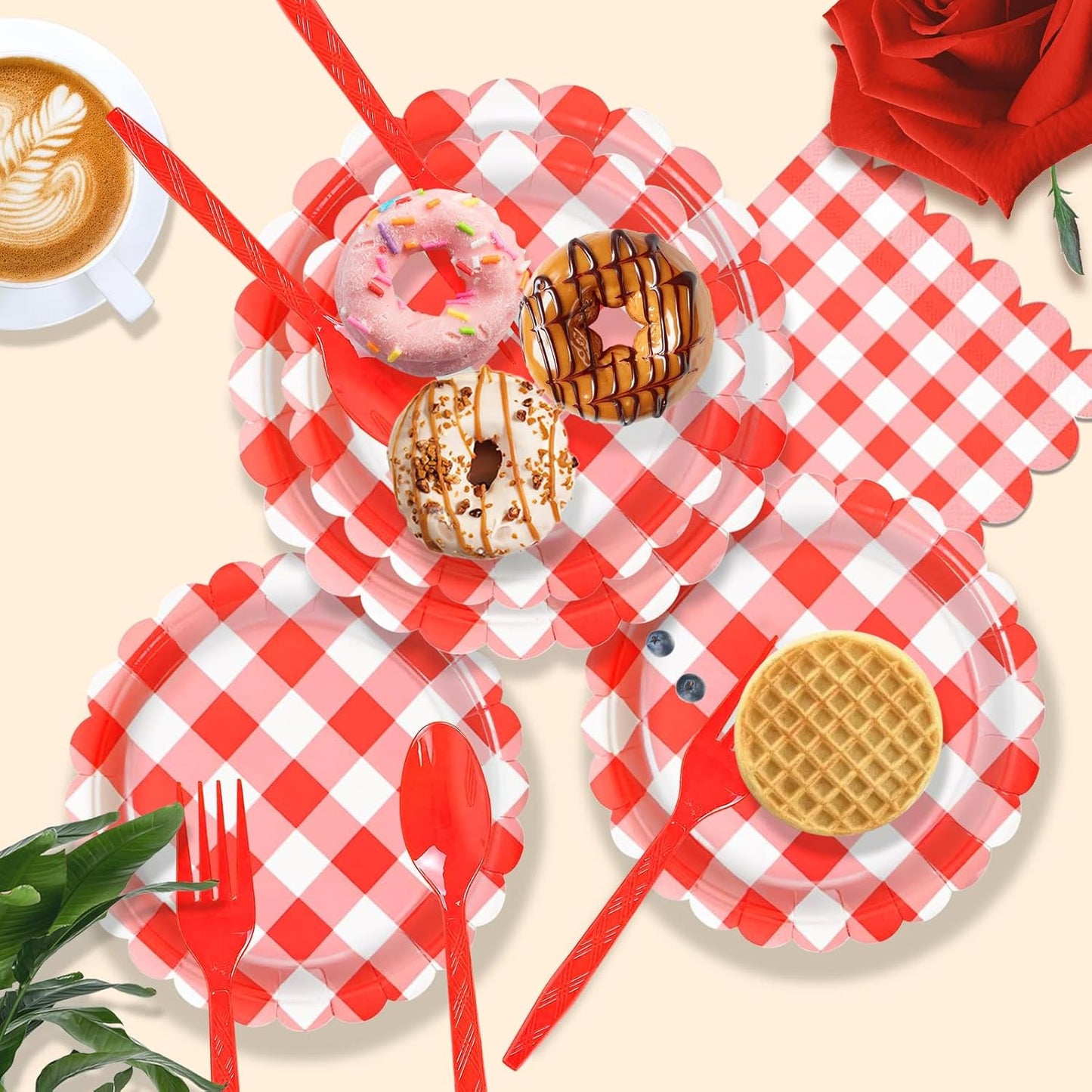 192 PCS Gingham Party Supplies Serve 24 Guests Gingham Plates and Napkins and Cups for Birthday Decorations Baby Shower Checkered Party Dinnerware Sets for Girl Boy Light Red Christmas