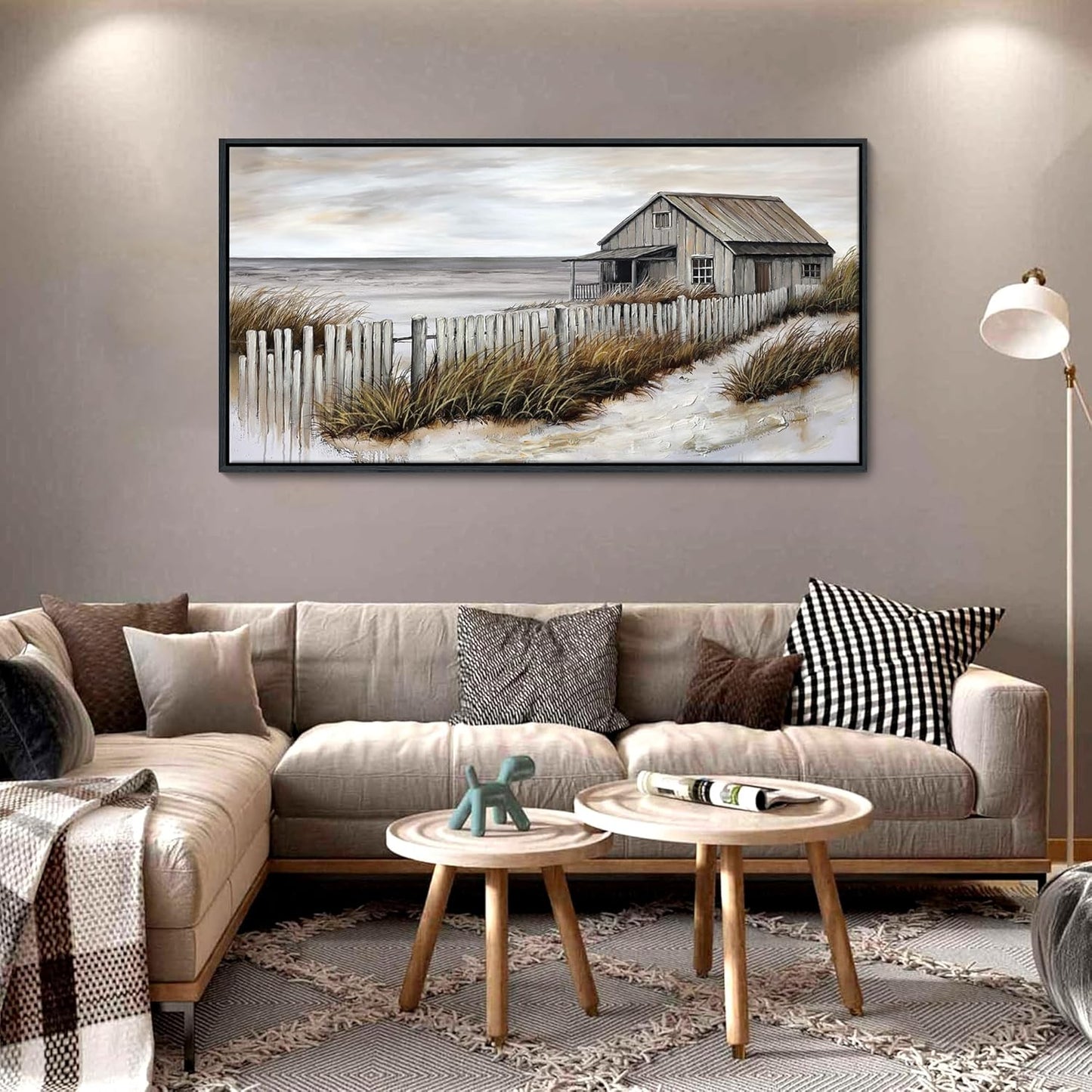 YDYSUNE Village Coastal Wall Art for Living Room - Retro Beach Fenced House Canvas Wall Decor for Home Artwork Painting Print for Bedroom Decoration Kitchen Office Hang a Picture Framed 24x48 Inches