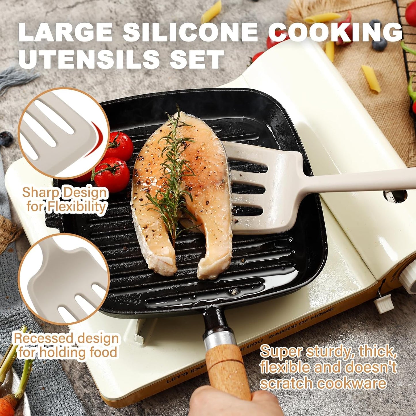 QMVESS Silicone Cooking Utensils Set, Kitchen Utensils Set 7 Pcs with Long Wooden Handle, Food Grade and Heat Resistant Large Silicone Spatula Set for Nonstick Cookware, BPA Free（Khaki）