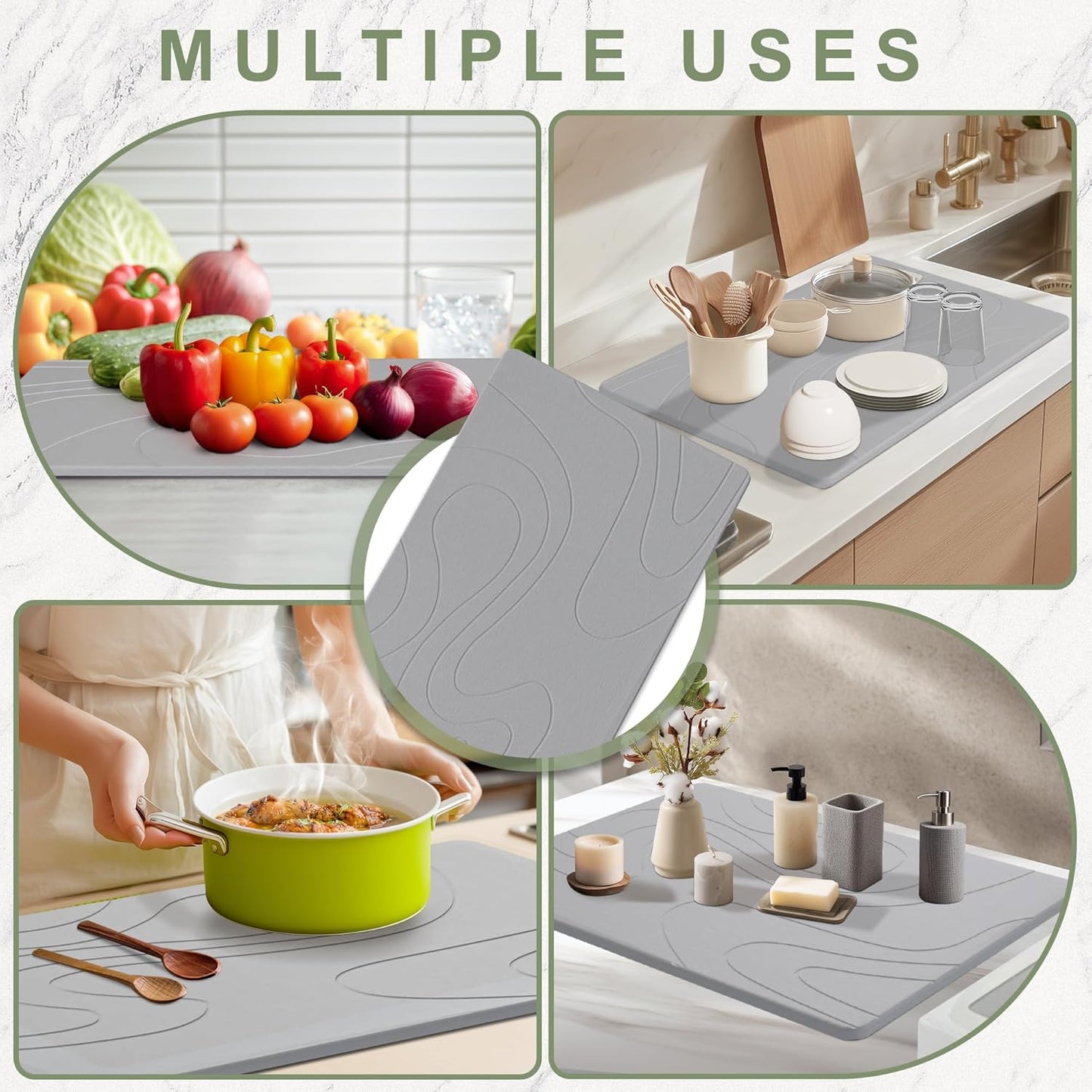 Large Stone Drying Mat for Kitchen Counter, 24" × 16" Diatomite Dish Drying Mat, Quick Dry Stone Mats, Ultra Absorbent Natural Diatomaceous Earth Mats for Dished, Bottles, Dark Grey