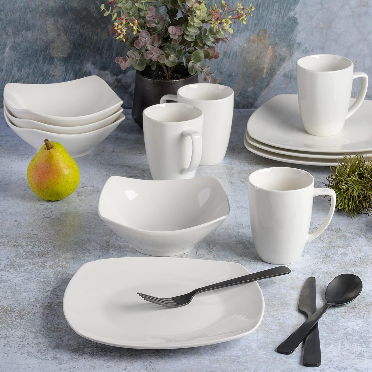 Gibson Home Amelia Court Porcelain Chip and Scratch Resistant Dinnerware set, Service for 4 (12pcs), White (Soft Square)