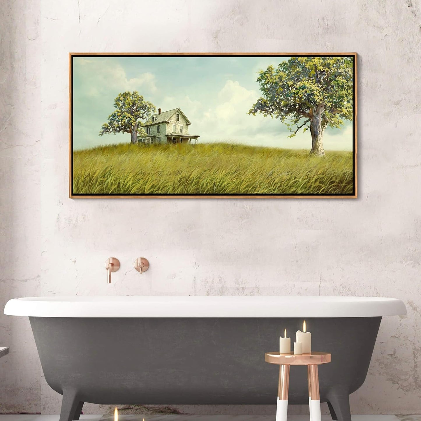 YCPRIMER Large Canvas Wall Art - Village Landscape Decor Retro Farmhouse Picture Yellow Tree Painting Artwork for Dinning Room,Living Room,Kitchen Framed Decoration Size 29×58Inch
