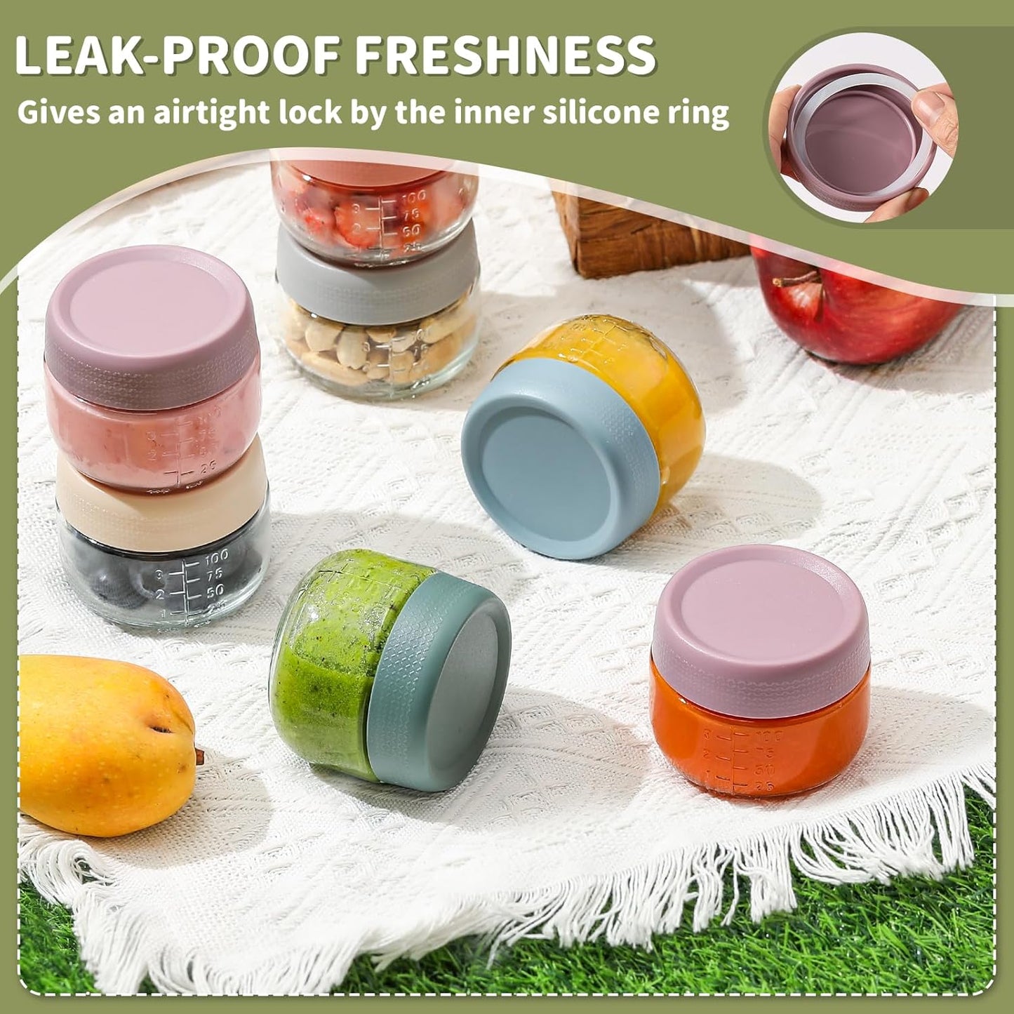 NETANY 6 Pack 4 oz Glass Baby jars with Airtight Lids, Glass Baby Food Storage Containers,Overnight Oats Containers with Lids | Microwave, Dishwasher & Freezer Safe | Includes 10 Labels