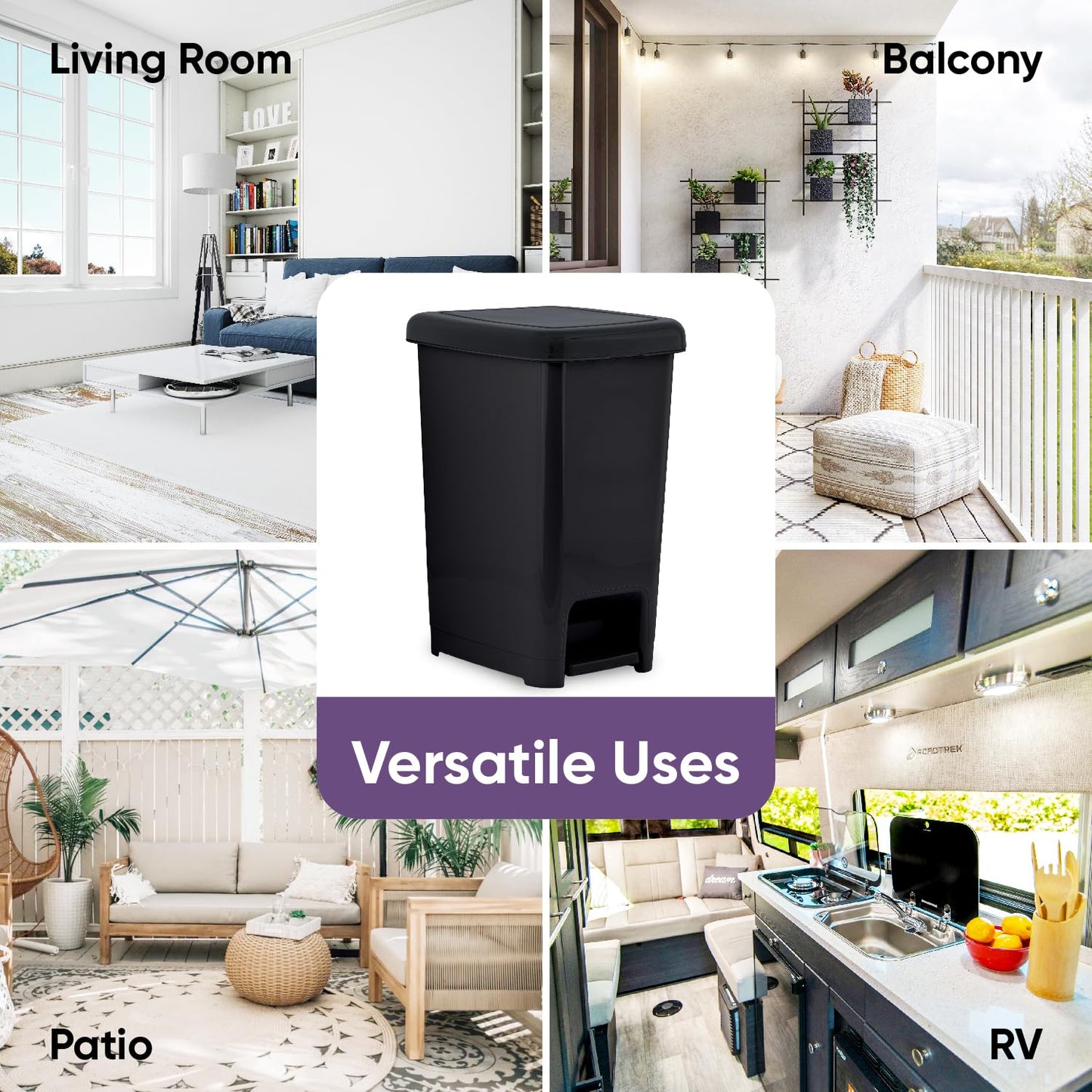 Superio Slim Step On Pedal Plastic Trash Can, Waste Bin for Under Desk, Office, Bedroom, Bathroom, Kitchen (2.5 gal) (Black)