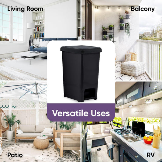 Superio Slim Step On Pedal Plastic Trash Can, Waste Bin for Under Desk, Office, Bedroom, Bathroom, Kitchen (2.5 gal) (Black)