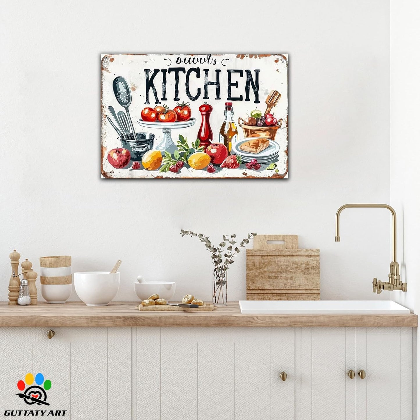 GUTTATY Farmhouse Wall Art Rustic Kitchen Decor, Ready to Hang Kitchen Wall Print Various Fruits and Kitchen Utensil,Vintage Posters Prints for Dinning Room Home Kitchen Restaurant Painting 18×24 Inch