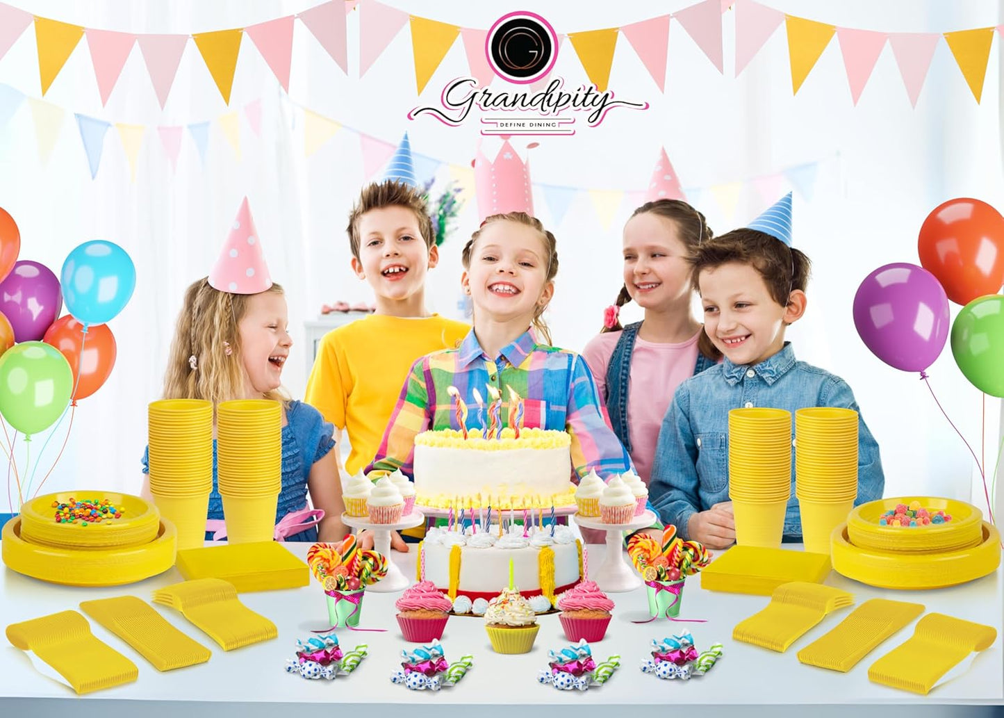 Grandipity 350 Piece Yellow Disposable Dinnerware Set, Includes 50 of Each: 9" Dinner Plates, 7" Dessert Plates, 12oz Cups, Paper Napkins, Forks, Knives & Spoons