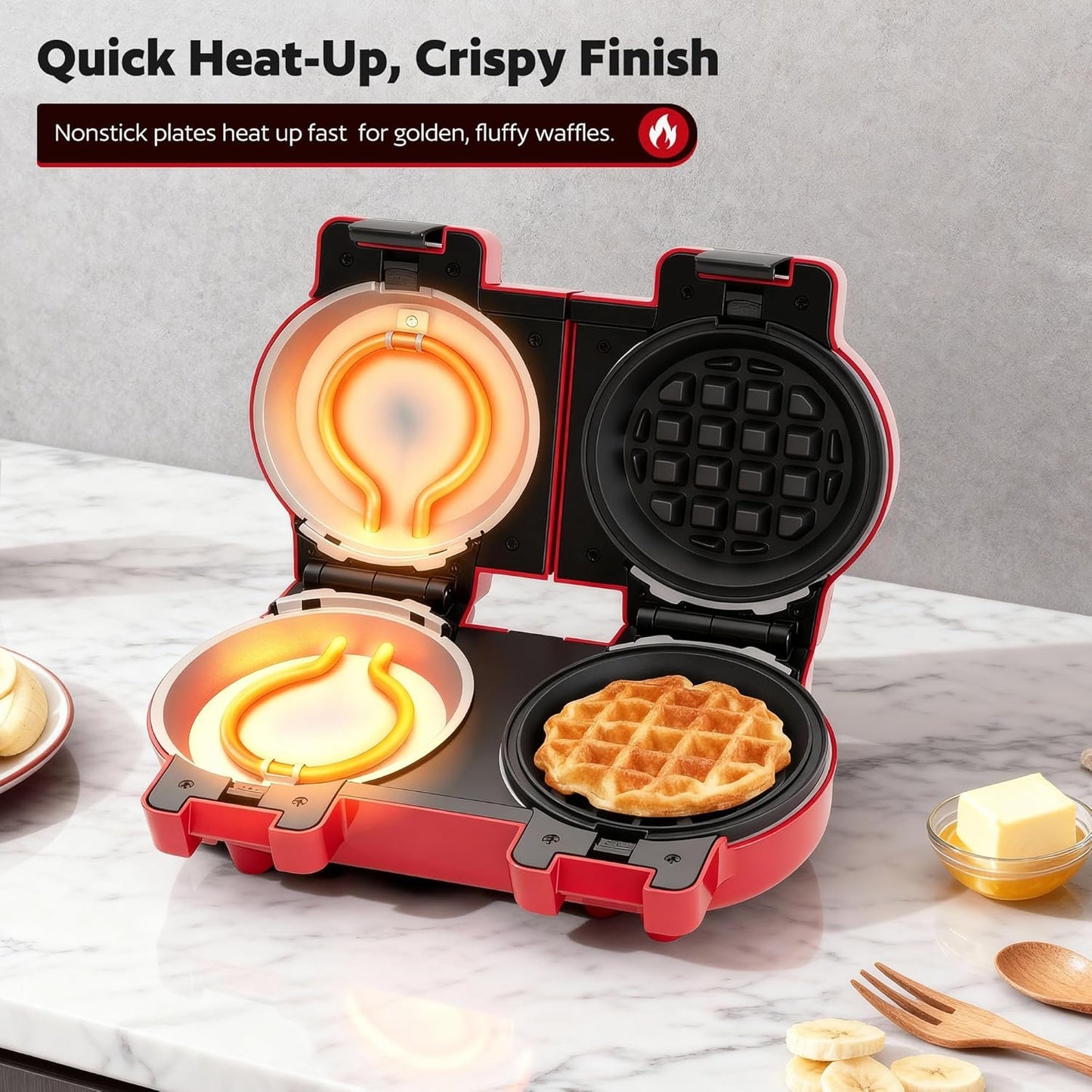4" Waffle Maker with Removable Plates, 2-in-1 Nonstick Waffle Maker, Independent Dual Heating, Compact Design for Festive Family Breakfasts (228AK)