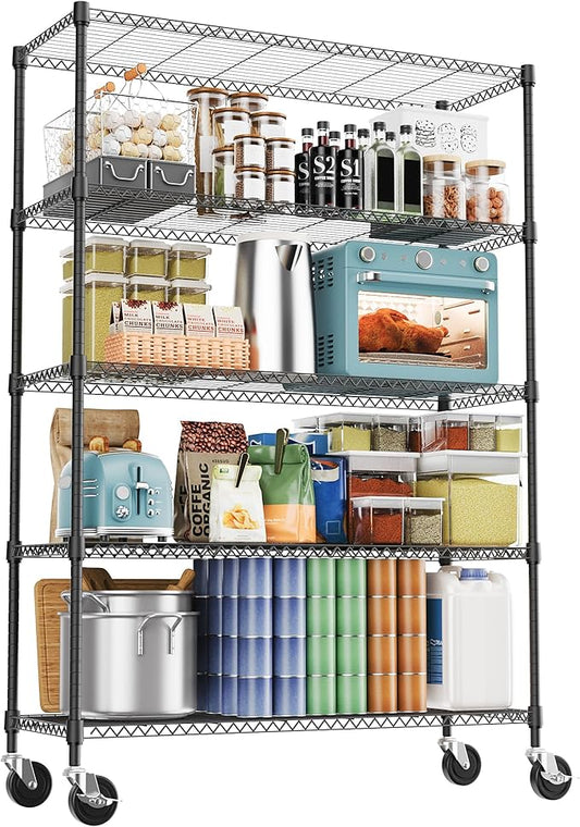 5 Tiers Shelf 1750 lbs Steel Storage Shelving Utility Shelving Unit Steel Organizer Wire Rack for Home,Kitchen,Office,Garage Black 17.7" D x 47.2" W x 76.8" H