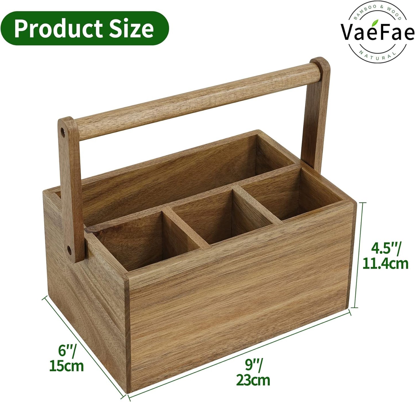 VaeFae Acacia Silverware Caddy with Handle, Wooden Utensil Holder, Mulip-pose Organizer for Kitchen, Office, Bathroom, Bedroom