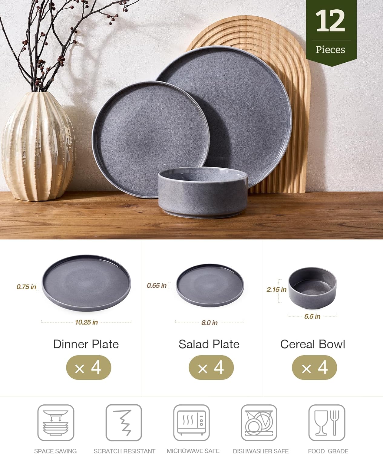 Famiware Annecy Plates and Bowls Sets, 12 Pieces Dinnerware Sets, Microwave and Dishwasher Safe Dishes Set for 4, Chip and Scratch Resistant, Misty-Blue