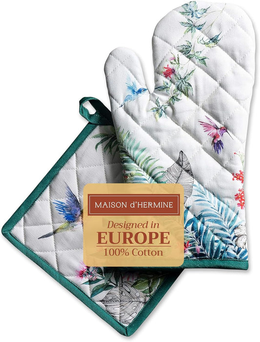 Maison d' Hermine 100% Cotton Oven Mitt & Pot Holder Set (7.5"x13" & 8"x8") Heat Resistant BBQ Cooking Gloves with Loop, Baking, Grilling, Kitchen, Handling Hot Pans Spring/Summer (Tropiques)