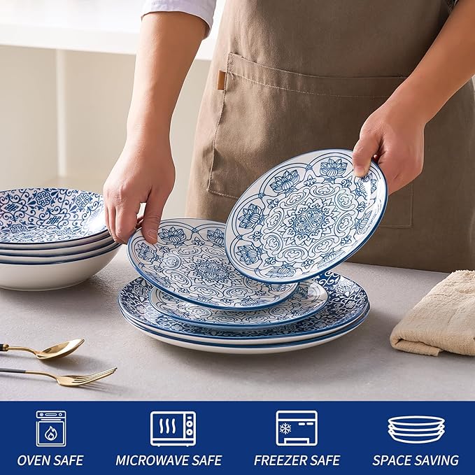 Bestone Porcelain Dinnerware Sets Service for 4, 12 pcs Hand drawn Plates and Bowls Sets, Handmade Ceramic Dish Set, Chip Resistant Modern Plate Set, Dishwasher/Microwave Safe，Vintage Blue