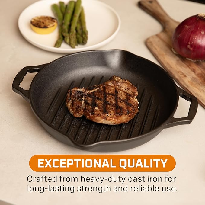 Bruntmor Enameled Cast Iron Skillets - 10-Inch Round Grill Pans for Stove Tops with Glass Lid - 3.5 Quarts Large Frying Pan with Double Loop Handles - Safe for Oven and All Cooking Tops - Black