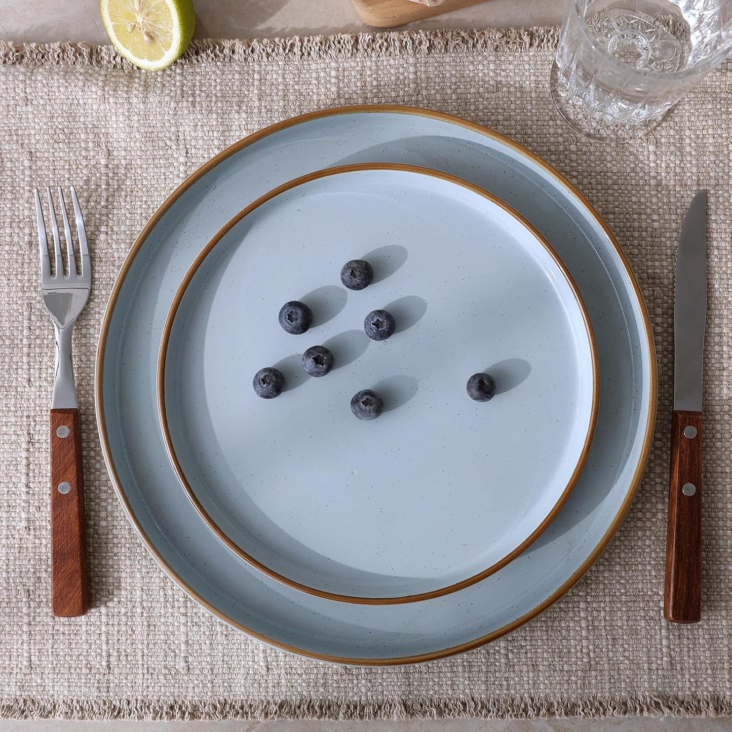 Famiware Nebula Plates and Bowls Sets for 4, 12 Pieces Stoneware Dinnerware Set, Microwave and Dishwasher Safe Dishes Set, Light Blue with Brown Rim