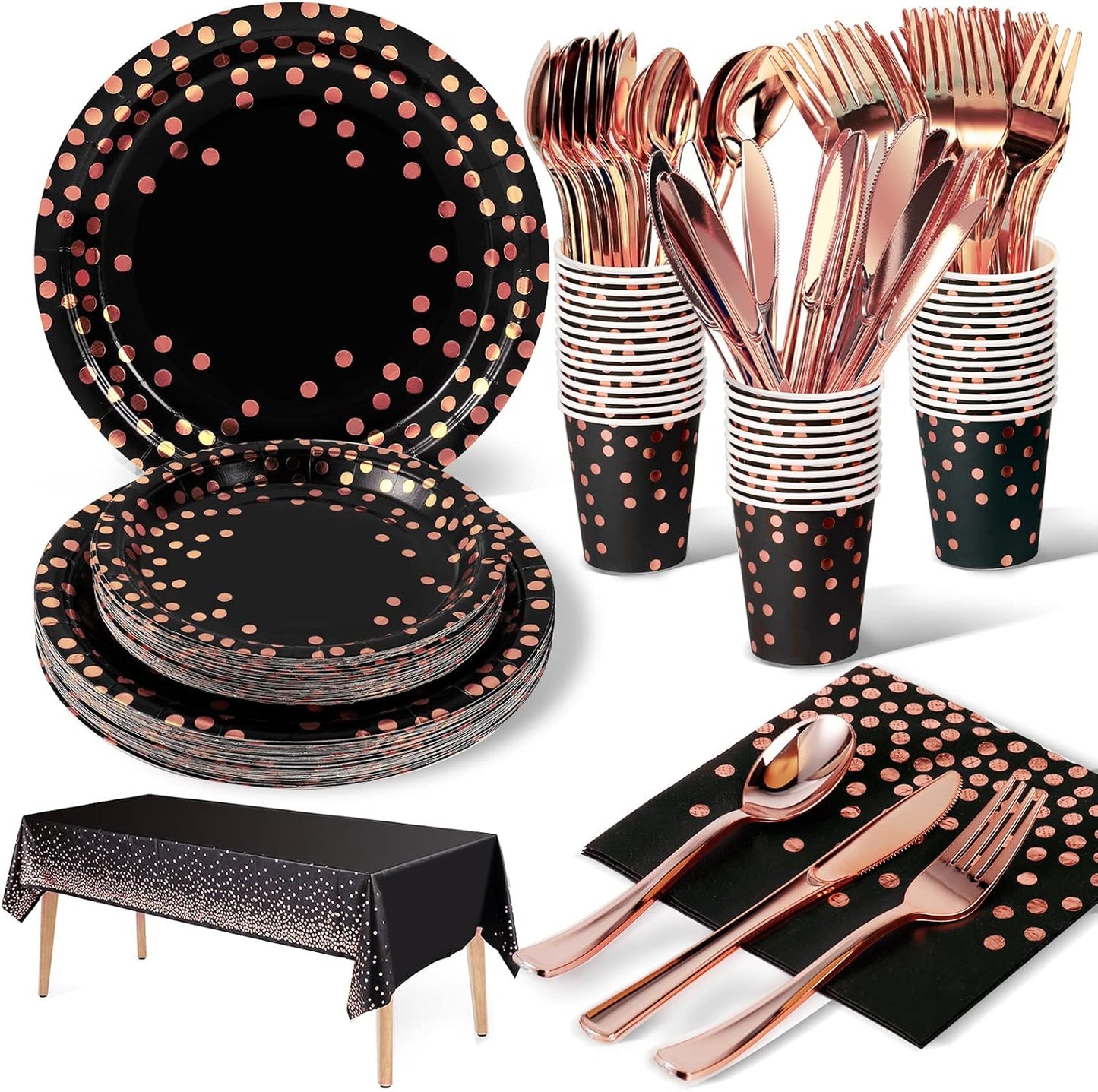 141 Pieces Black and Rose Gold Party Supplies, Party Dinnerware Sets Include Paper Plates Napkins Cups Silverware, for Wedding Bridal Shower Engagement Birthday Parties Decoration -20 Serves