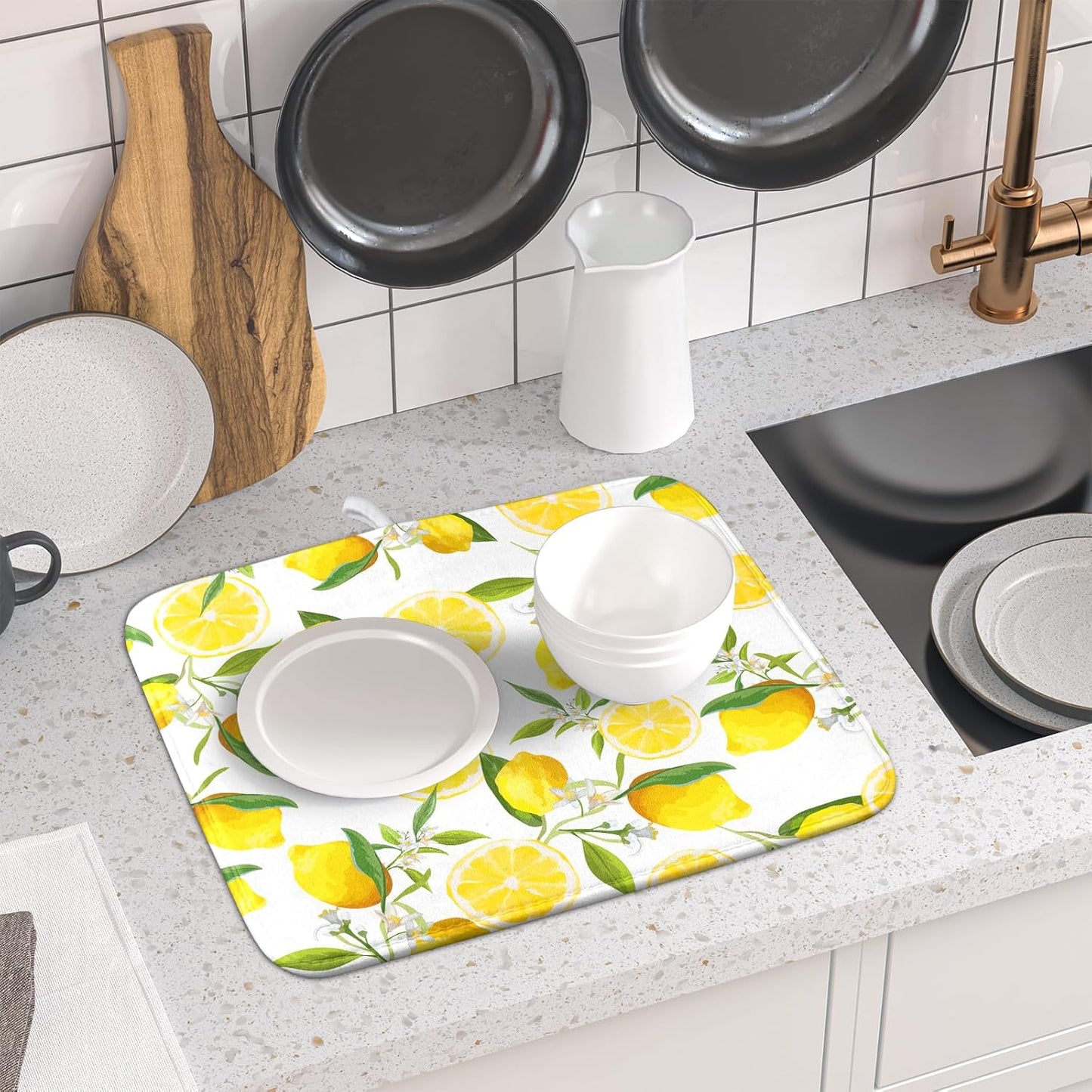 Lemon Dish Drying Mats for Kitchen Counter 16×18 Inch Watercolor Lemon Small Microfiber Drying Mat Kitchen Accessories Dish Rack Mat Drainer Pad Washable Absorbent