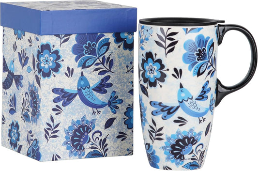 Topadorn Ceramic Coffee Mug Travel Cup with Lid and Color Box,17oz Microwave & Dishwasher Safe Coffee Tumbler, Blue Bird