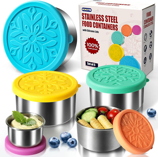 304 Stainless Steel Containers with Lids Small for Lunch, Leak-Proof Stainless Steel Food Storage Containers for Back to School Kids, 5 Pack Stackable (2oz, 4oz, 8oz, 14oz, 24oz)