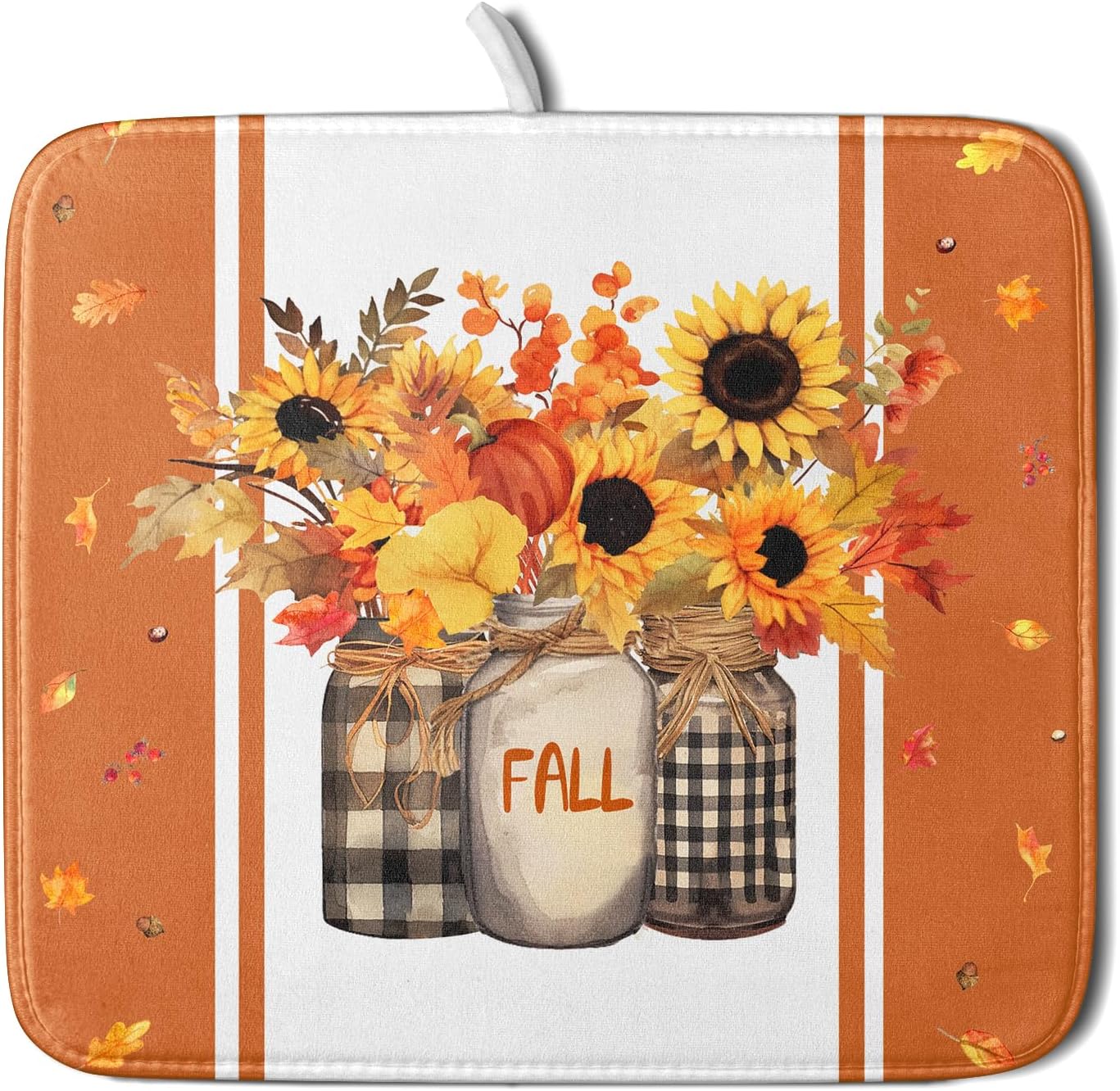 Fall Sunflower Dish Drying Mat for Kitchen Counter -Thanksgiving Autumn Flower Maple Leaves Bouquet Vase Absorbent Fast Dry Dishes Drainer Rack Mat Protector Pad 18x16in