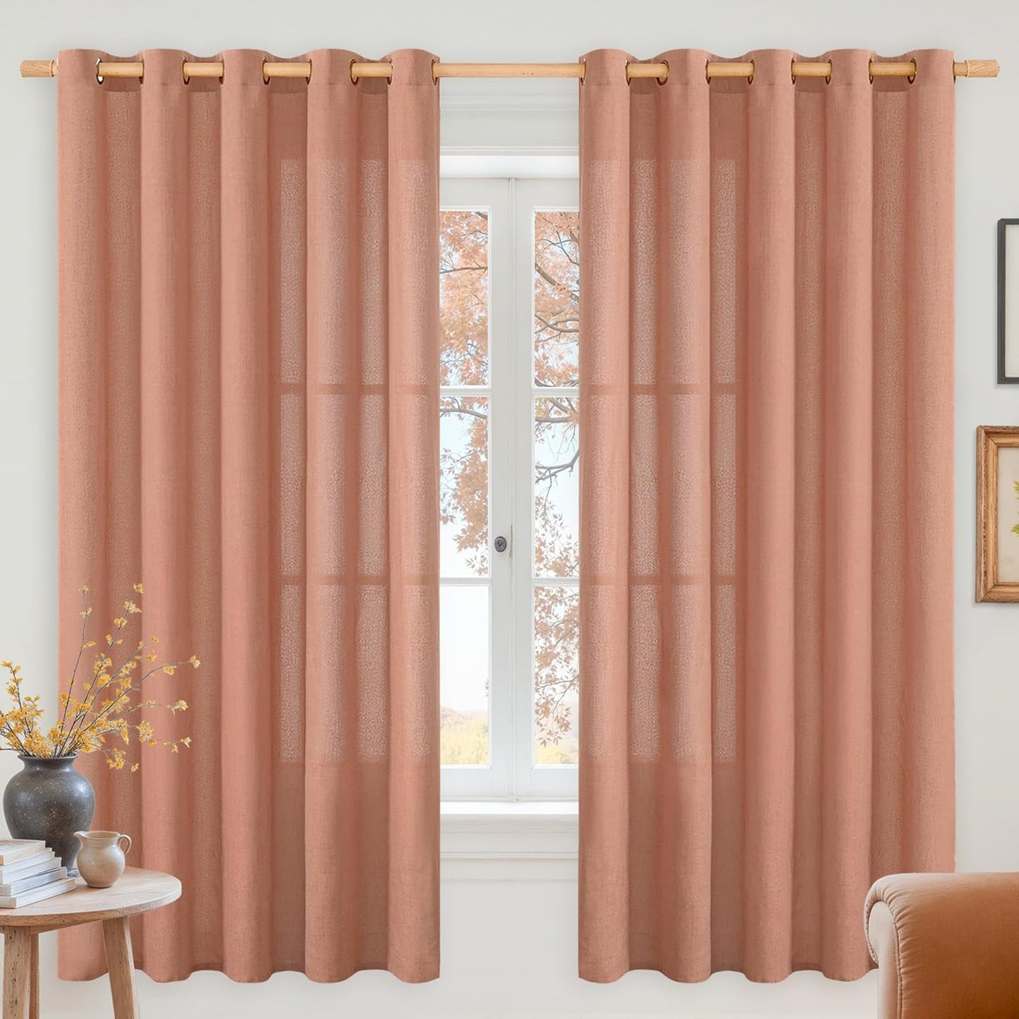YoungsTex Terracotta Linen Curtains 63 Inch Length for Living Room, Light Filtering Semi Sheer Window Drapes with Bronze Grommet Privacy for Bedroom Farmhouse Decorative, 60 x 63 Inch, 2 Panels