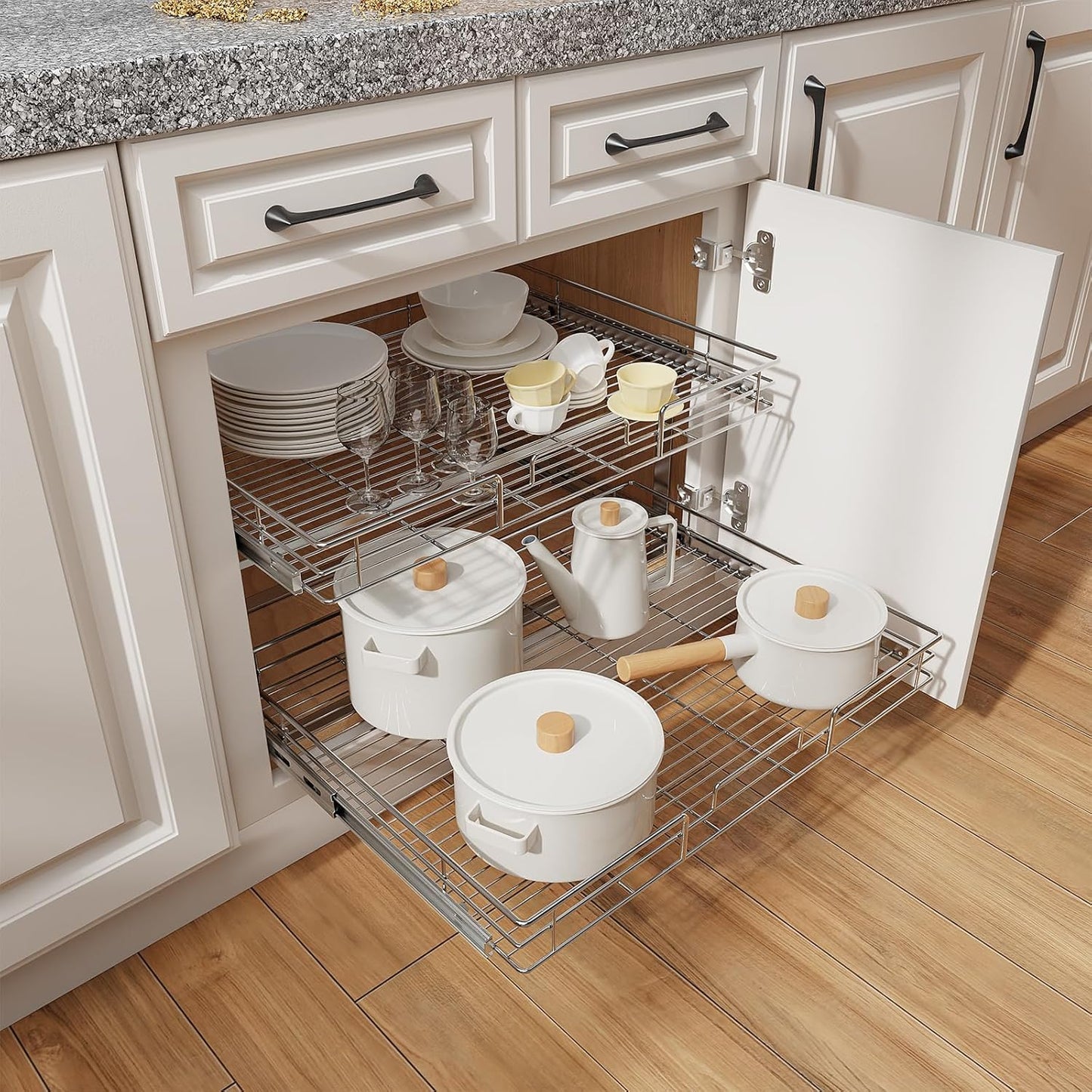 ROOMTEC Individual Pull Out Cabinet Organizer (30" W x 21½" D), 2 Tier Spice Rack Organizer for Cabinet, Slide Out Drawer Pantry Shelf Organization and Storage for Kitchen Bathroom