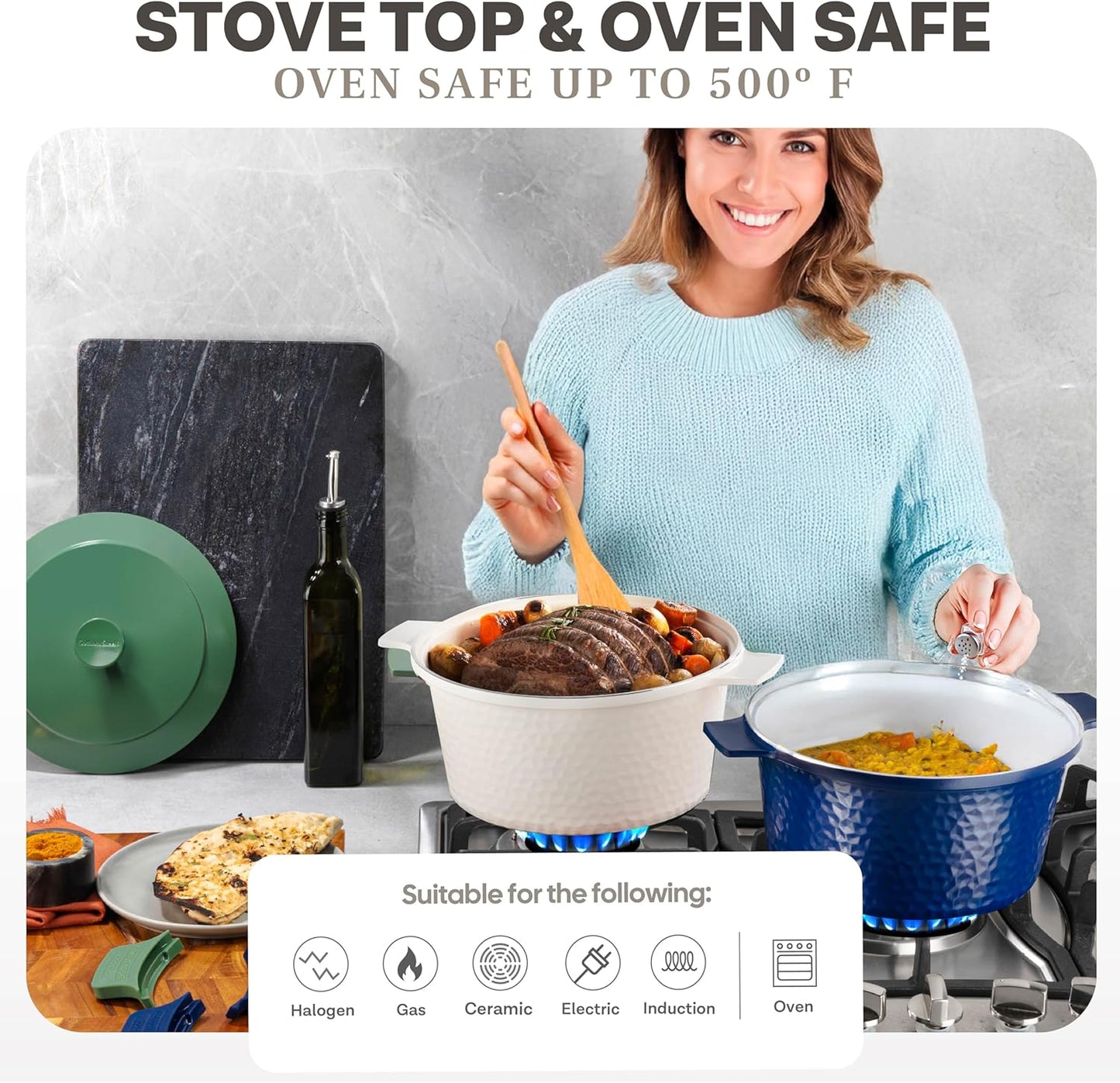 Gotham Steel Hammered 5 Qt Lightweight Dutch Oven Pot with Lid & Holders, Ceramic Non Toxic, Oven Safe & Even Heat Retaining Dutch Oven for Bread Baking Sourdough, Soup, 70% Lighter than Cast Iron