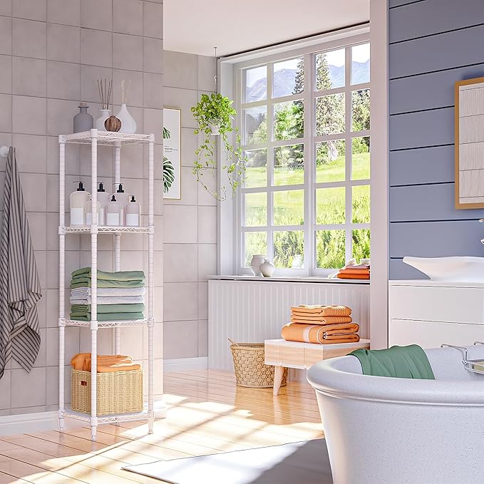 480 lbs Storage Shelves 4 Tier Shelving Units for Storage, Wire Shelving Unit for Closet, Adjustable Shelves for Bathroom Steel Organizer Wire Rack, White 11.8" D x 11.8" W x 47.3" H