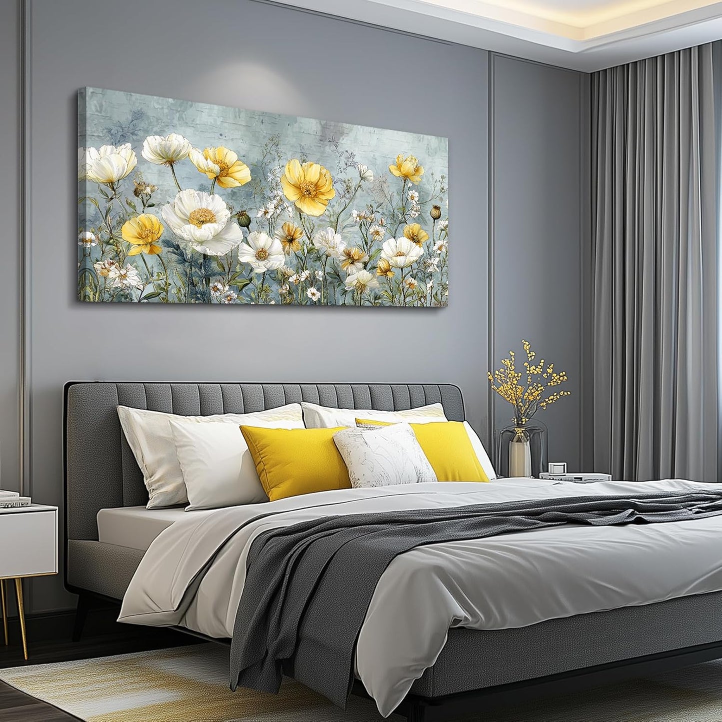 QIYILEXWART Large Wall Decor For Living Room Canvas Wall Art For Office Modern Wall Decorations For Bedroom Yellow White Flowers Landscape Painting Farmhouse Pictures Artwork Room Home Decor 24x48 In