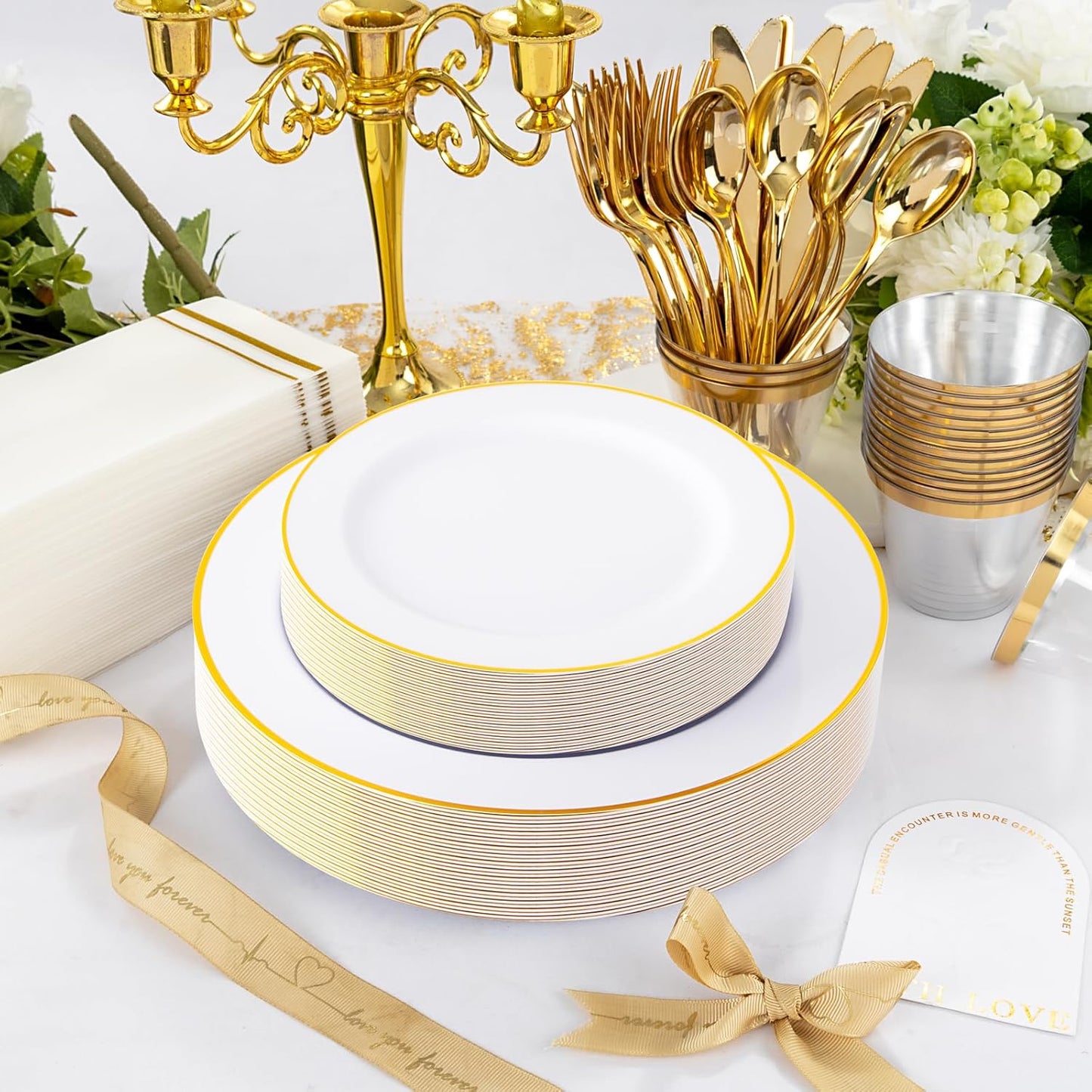 SUT 350 PCS Elegant White and Gold Disposable Dinnerware Set - Premium Dinner & Salad Plates, Cups, Napkins & Cutlery for 50 Guests - All-Inclusive Party Plastic Plates