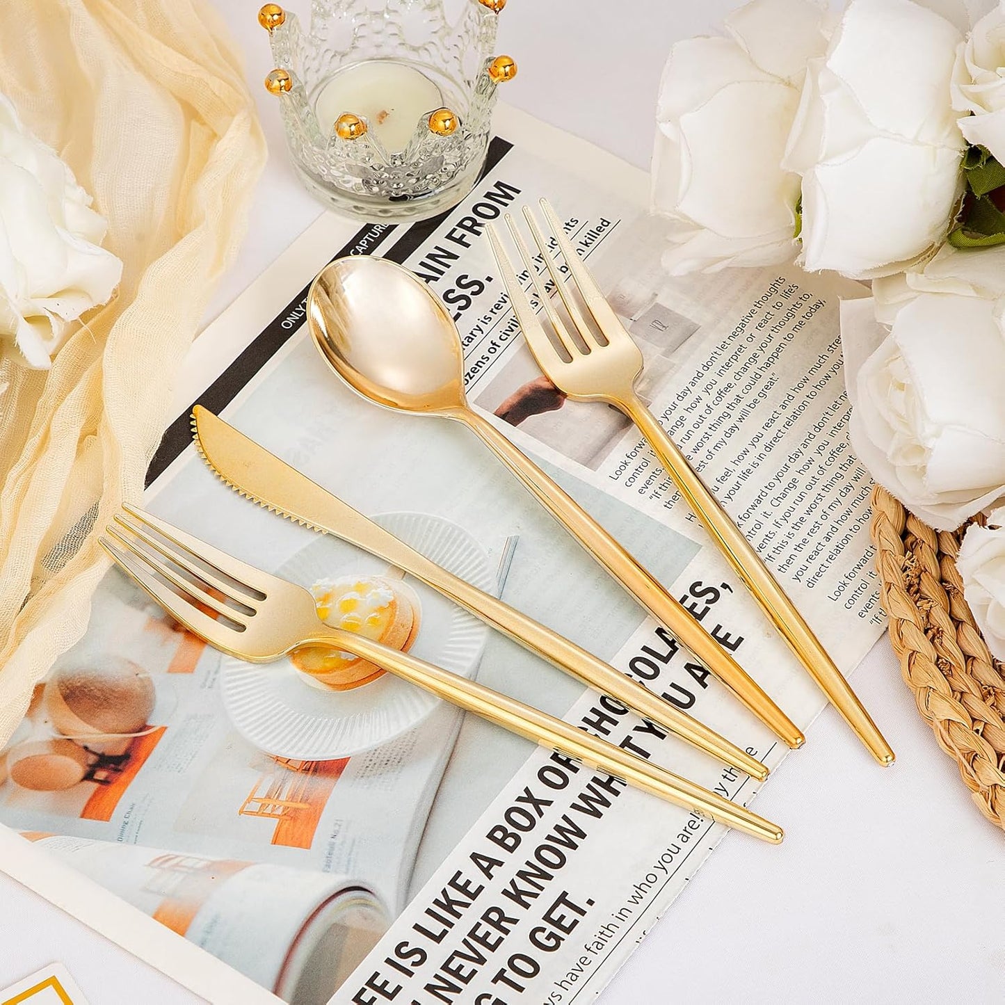 Supernal 180PCS Gold Plastic Silverware Gold Silverware Disposable Cutlery Plastic Utensils Heavy Duty Disposable Utensils Includes: 60 Knives, 60 Forks and 60 Spoons for Party, Birthday, Wedding