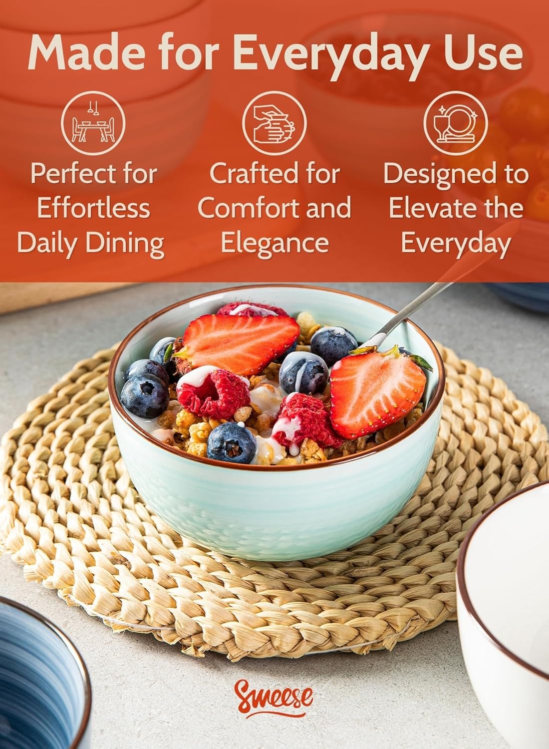 Sweese 10 Oz Ceramic Ice Cream Bowls, Set of 6 - Multicolor Dessert, Cereal, Soup Bowls, Dishwasher Microwave Safe