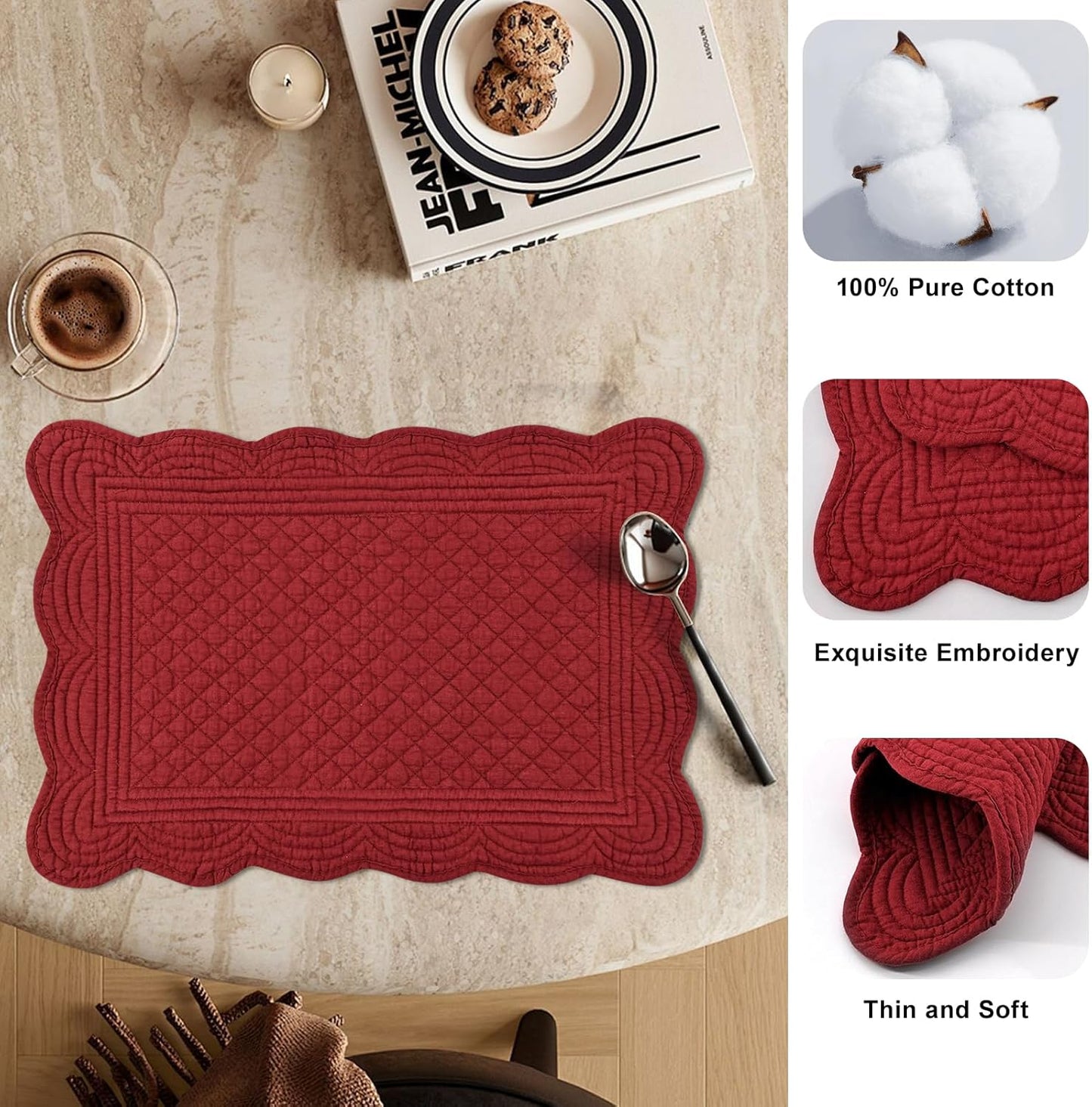 6 PC Quilted Placemats, 18"X13"Extra Large Cotton Placemats Set of 6, 100% Cotton Fabric Washable Cloth Table Mats for Kitchen & Dining Table - Soft &Easy Clean(Red, Rectangular)