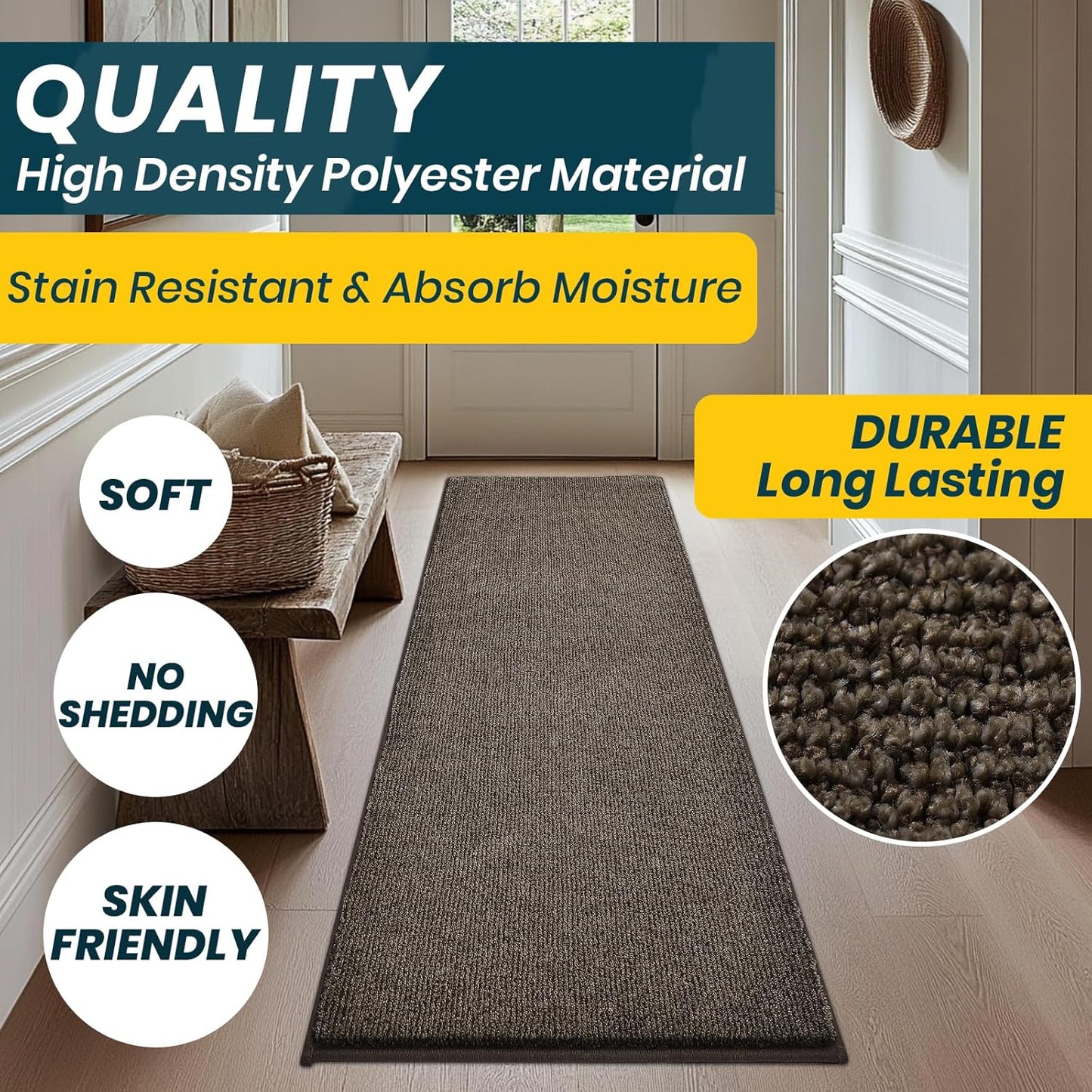 Washable Kitchen Rug 24" x 82" / 60cm x 210cm, Non Slip Kitchen Mat for Floor, Absorbent Indoor Entryway Runner Rug for Hallway, Laundry, Bathroom, Bedroom (Roll Packing)