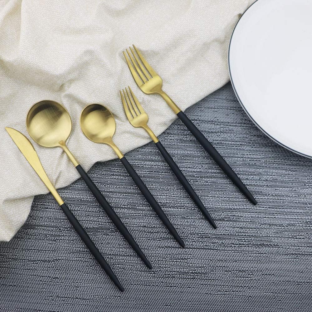 JASHII Luxury Black Gold Flatware, Silverware Sets, 5-piece Elegant Cute 18/10 Stainless Steel Silverware Set for Eating Home Kitchen Hotel Restaurant, Service Sets for 1 People, Dishwasher Safe