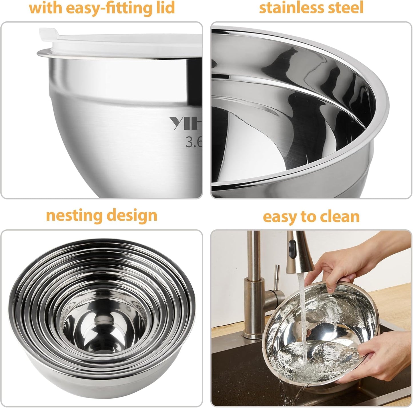 YIHONG Stainless Steel Mixing Bowls Set, 7 Piece Metal Mixing Bowls with Lids Set for Kitchen, Nesting Steel Mixing Bowls Ideal for Baking, Prepping, Cooking, and Serving Food(White)