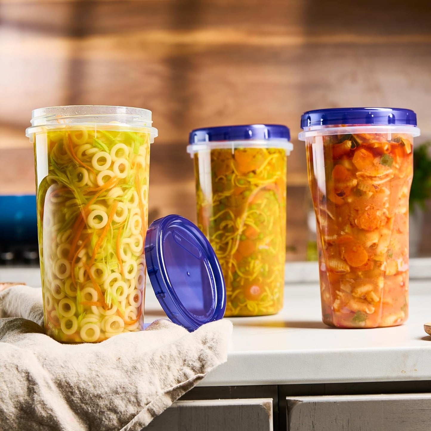 PLASTICPRO 6 Pack Twist Cap Food Storage Containers with Blue Screw on Lid- 48 oz Reusable Meal Prep Containers - Large Freezer Containers Microwave Safe Blue Plastic Food Storage