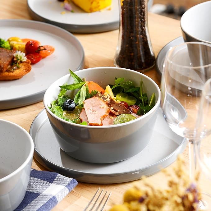 Melamine Dinnerware Sets, Dishware Sets for 4, 12 Pcs Plate and Bowl Set with Lipped Edges, Lightweight Dish Set for Camping,Dishwasher Safe,Good for Housewarming(Light Grey,White)