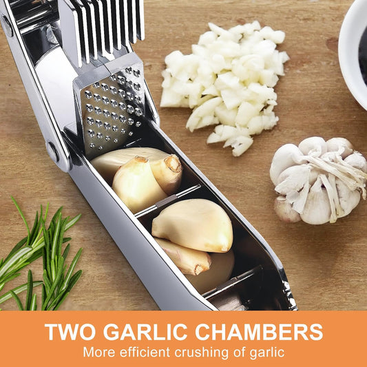 Garlic press and slicer 2 in 1,Effortlessly Crush, Slice, and Mince Garlic,with this Versatile Kitchen Tool - Perfect for Home Cooks and Professional Chefs Alike. (Pearl White)