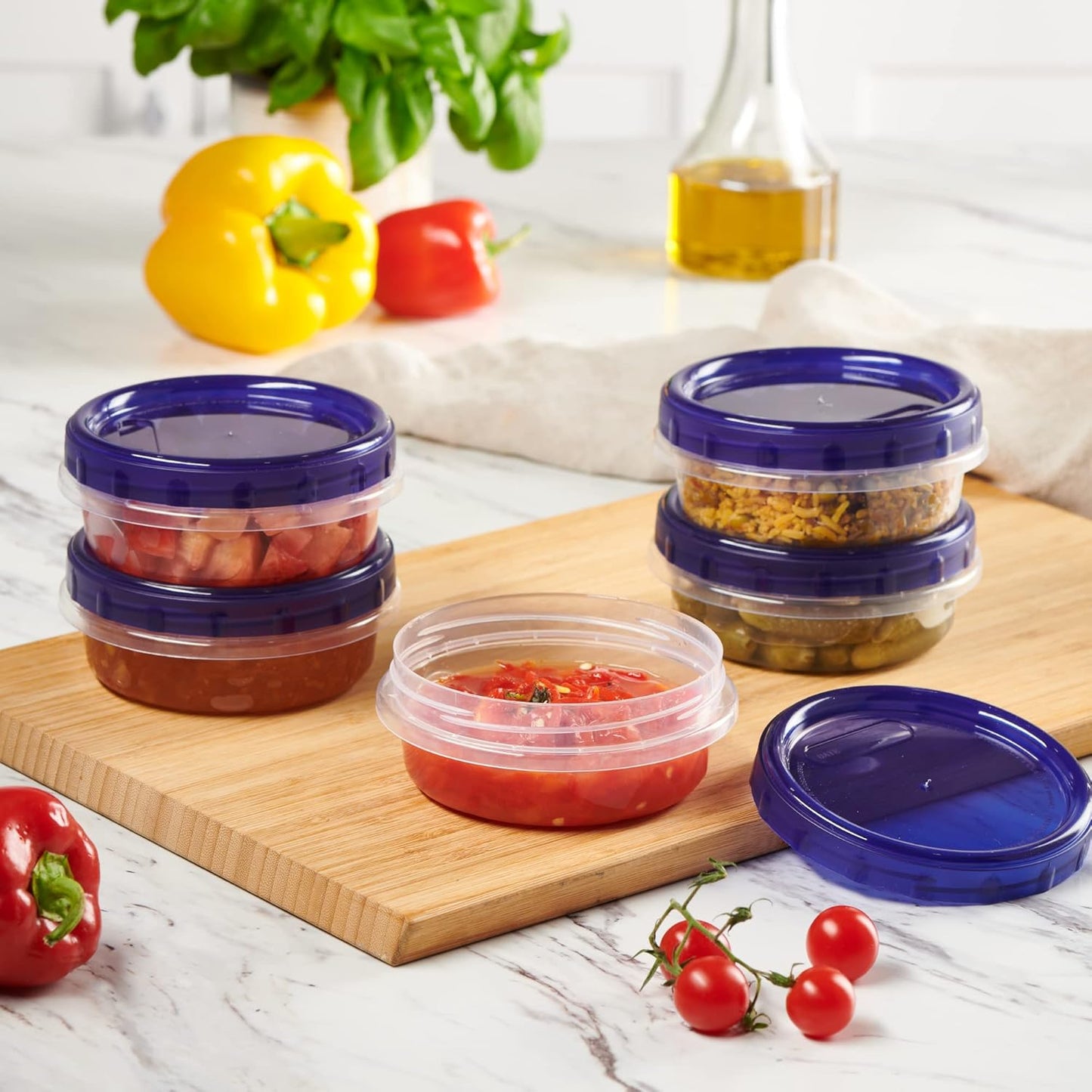 PLASTICPRO 6 Pack Twist Cap Food Storage Containers with Blue Screw on Lid- 8 oz Reusable Meal Prep Containers - Freezer and Microwave Safe Blue Plastic Food Storage