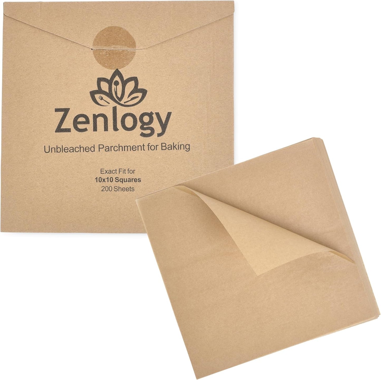 Zenlogy 10x10 Parchment Paper Squares (200 Sheets), Unbleached, High Heat, Non-stick, Pre-cut Baking Paper - Fits 10x10 Square Pans, Toaster Oven Trays, Air Fryer, Dehydrator - Baking and Roasting